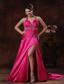 High Slit Hot Pink Prom Dress With Halter Beaded Decorate In Orange Beach Alabama