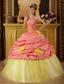 Watermelon and Yellow Ball Gown Strapless Floor-length Taffeta and Tulle Beading Quinceanera Dress