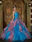 Blue Ball Gown Strapless Floor-length Organza Beading and Ruffles Quinceanera Dress