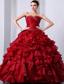Wine Red A-Line / Princess Sweetheart Floor-length Organza Beading and Rufffles Quinceanea Dress