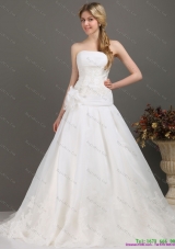 2015 Ruched Beaded White Wedding Dresses with Brush Train and Hand Made Flower