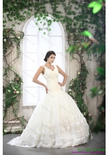 2015 Beautiful White Straps Ruffled Wedding Dresses with Brush Train
