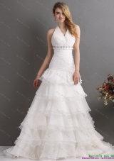 2015 White Halter Top Beading Wedding Dresses with Ruffled Layers and Brush Train