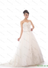 2015 White Sweetheart Chapel Train New Style Wedding Dresses with Beading and Appliques