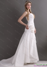 2015 White Brush Train Sweetheart Ruching  Wedding Dresses with Hand Made Flowers