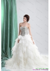 2015 White Sweetheart Rhinestones Wedding Dresses with Chapel Train and Ruffles