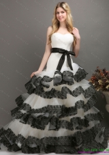 Sash and Lace Strapless 2015 Wedding Dresses in White and Black