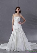 Ruched Beaded Strapless White Wedding Dresses with Chapel Train