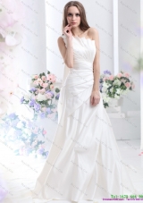 Pleated One Shoulder White Wedding Dresses with Brush Train