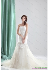 White Chapel Train Strapless Wedding Dresses with Ruching and Hand Made Flowers