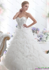 Beading Sweetheart White Bridal Gown with Ruffles and Brush Train