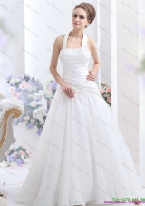 Modest 2015 Halter Top Wedding Dress with Ruching and Hand Made Flowers