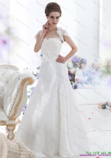 White Sweetheart Brush Train Wedding Dresses with Hand Made Flower and Ruffles