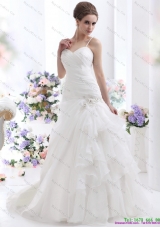 Ruched White Wedding Dresses with Brush Train and Appliques