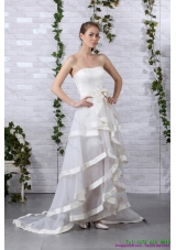 Detachable White Strapless Wedding Dresses with Brush Train and Bownot