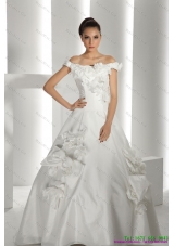 Perfect White Off Shoulder Bridal Dresses with Cathedral Train and Hand Made Flowers