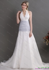 2015 Romantic Halter Top Wedding Dress with Lace and Ruching