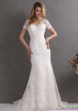 Classical V Neck Lace Wedding Dress with Short Sleeves