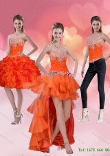 2015 Detachable High Low Sweetheart Orange Red Prom Skirts with Ruffles and Beading