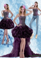 Detachable Elegant High Low Dark Purple Prom skirts with Ruffled Layers and Beading