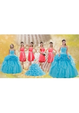 Pick Ups Floor Length Baby Blue Quinceanera Dress and Watermelon Halter Top Sash Dama Dresses and Pretty Ruffles Little Girl Dress