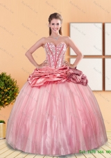 In Stock 2015 Beading and Pick Ups Sweetheart Quinceanera Dresses in Rose Pink
