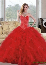 2015 In Stock Sweetheart Red Quinceanera Dresses with Appliques and Ruffles