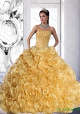 In Stock Strapless Gold 2015 Quinceanera Dress with Beading and Rolling Flowers