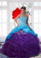 In Stock Beading and Ruffles 2015 Multi Color Quinceanera Dresses with Pick Ups