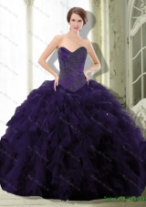 2015 Exclusive Dark Purple Sweet 15 Dress with Beading and Ruffle