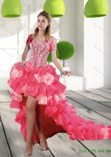 Most Popular Coral Red High-low Prom Dresses with Beading and Ruffled Layers
