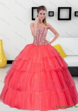 New Style Beading and Ruffled Layers Sweetheart Coral Red Quinceanera Dresses for 2015