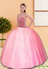 2015 Plus Size Beading Sweetheart Ball Gown Quinceanera Dresses in Rose Pink