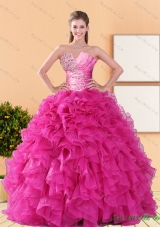 2015 New Style Beading and Ruffles Quinceanera Dresses in Hot Pink