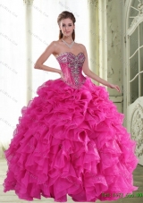 2015 New Style Beading and Ruffles Sweetheart Quinceanera Dresses in Hot Pink
