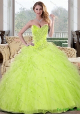 New Style Beading and Ruffles Sweetheart 2015 Sweet 16 Dresses in Yellow Green