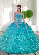 Luxurious Sweetheart Teal Sweet 15 Dresses with Appliques and Ruffled Layers