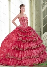 2015 Unique Coral Red Dress for Quinceanera with Pick Ups and Ruffled Layers