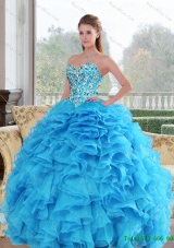 2015 Unique Sweetheart Baby Blue Sweet 15 Dresses with Beading and Ruffles