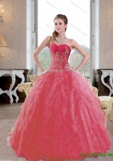 Unique Ruffles and Appliques 2015 Quinceanera Gown in Coral Red