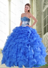 Beautiful Beading and Ruffles Sweetheart Blue Quinceanera Gown for 2015 Spring