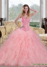 2015 Romantic Baby Pink Sweet 15 Dresses with Beading and Ruffles