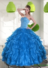 2015 Plus Size Blue Quinceanera Dress with Ruffles and Beading