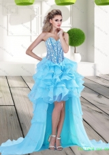 2015 New Style Aqua Blue High Low Prom Dress with Beading and Ruffles