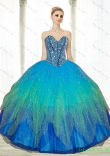 2015 Low Price Beading Sweetheart Tulle Turquoise Quinceanera Dresses