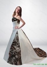 New Style A Line Strapless Camo Wedding Dresses with Chapel Train