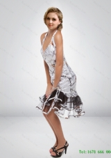 Sexy Column Halter Top Tea Length Camo Prom Dress with Ruffled Layers