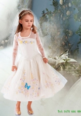 New Style 2015 Summer A Line Embroidery Cinderella Flower Girl Dress with Long Sleeves