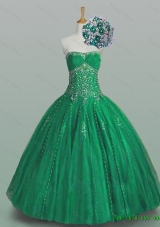 In Stock 2015 Ball Gown Beaded Green Quinceanera Dresses with Appliques for Fall
