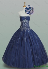 Real Sample Ball Gown Strapless Beaded Quinceanera Dresses in Navy Blue